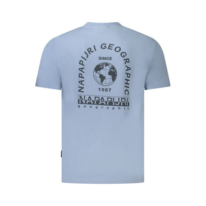Napapijri Light Blue Cotton Men T-Shirt with bold logo print on the back, crafted from premium organic cotton and elastane for comfort.