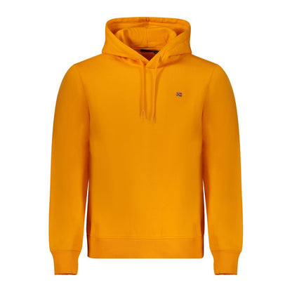Napapijri Orange Cotton Men Sweater with hood, long sleeves, and logo embroidery, made from a durable cotton-polyester blend.