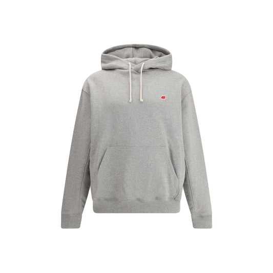 New Balance Gray Cotton Sweatshirt with hood, pouch pocket, and embroidered logo, featuring ribbed cuffs and drawcord for a snug fit.