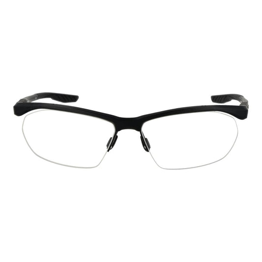 Nike Black Men Glasses Frame, half-rim rectangle style with stainless steel, size 58-15-145, black color, demo lenses, no spring hinge.