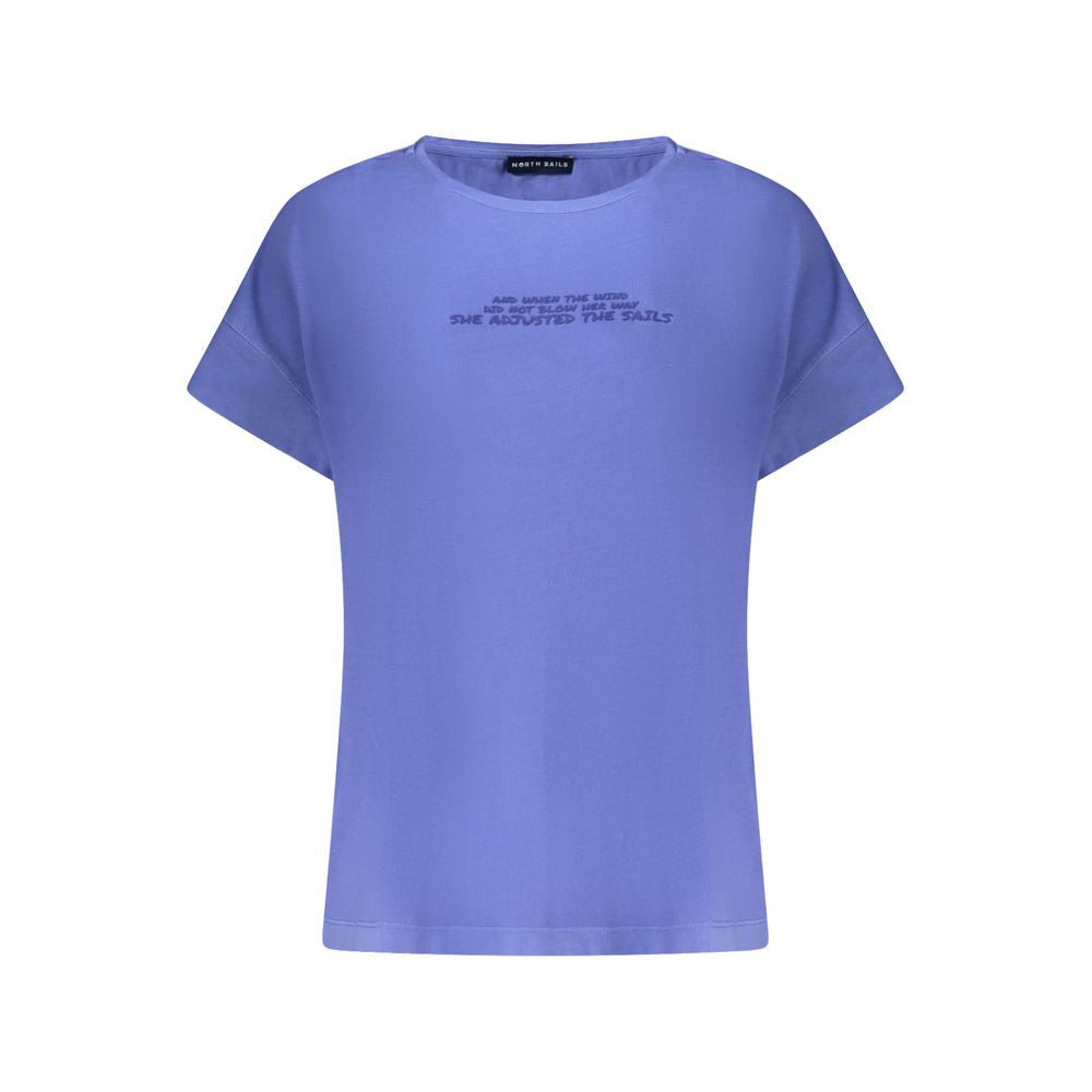 North Sails Blue Cotton Women T-Shirt with short sleeves and wide neck design, featuring embossed print and iconic logo.