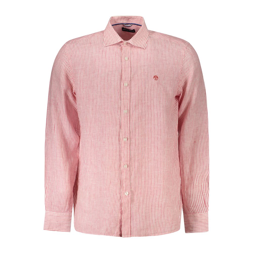 North Sails Red Linen Shirt with long sleeves, striped design, French collar, and logo embroidery.