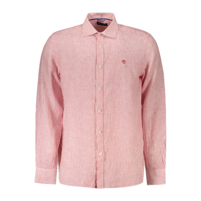 North Sails Red Linen Shirt with long sleeves, striped design, French collar, and logo embroidery.
