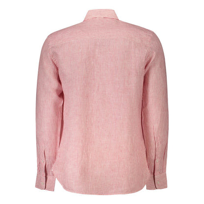 Back view of North Sails Red Linen Shirt with long sleeves and French collar, featuring 1 button cuffs and ocean positive embroidery.