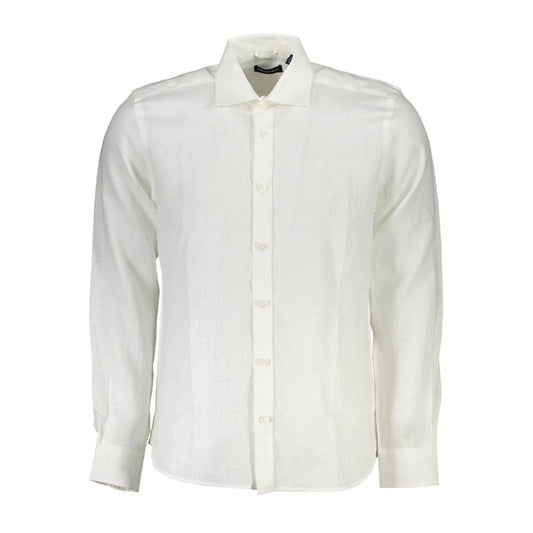 North Sails White Linen Men Shirt with Italian collar, depicting sophistication in a regular fit design with 1-button cuffs.