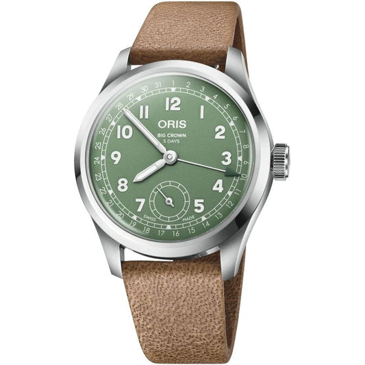 ORIS MOD. 403779940670762009FC watch with green dial and brown leather strap