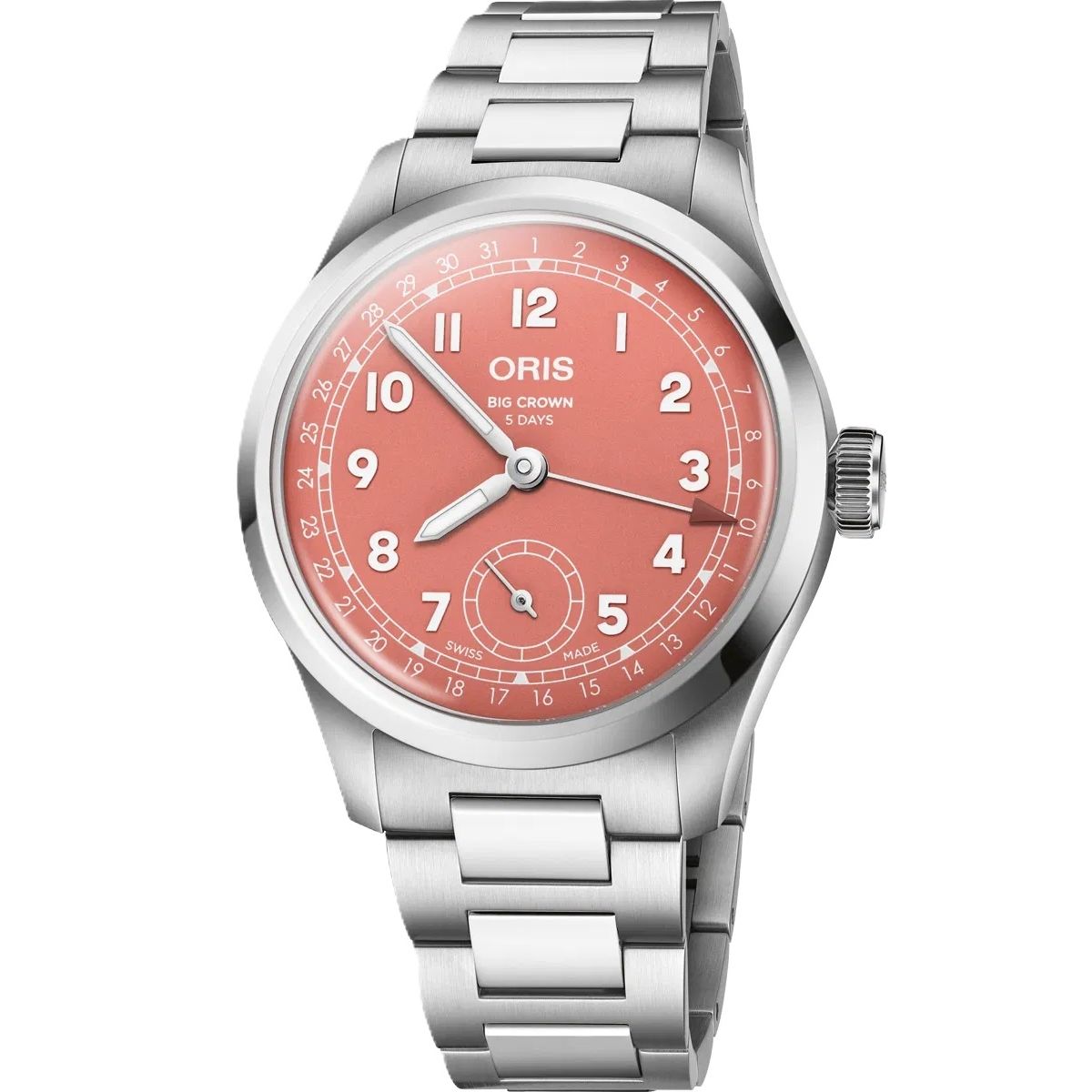 Silver stainless steel watch with a coral pink dial, ORIS MOD. 403779940680782006.