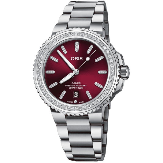 ORIS MOD. AQUIS DATE DIAMONDS wristwatch with stainless steel bracelet and red dial, 30 ATM water resistance, Swiss-made.