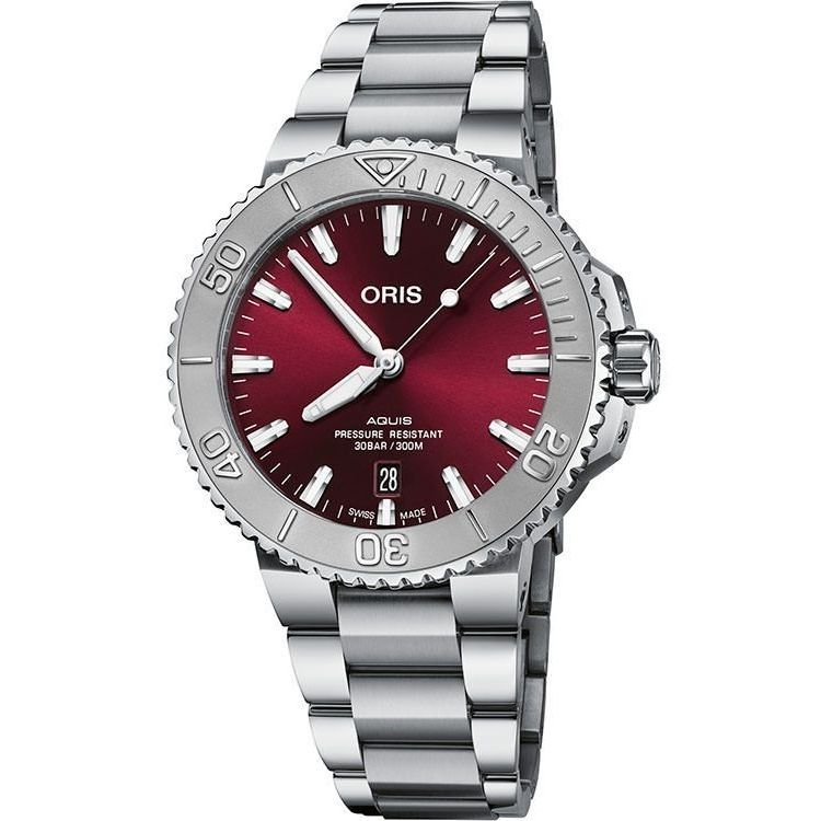ORIS MOD. AQUIS DATE RELIEF CHERRY wristwatch with cherry dial, 30 ATM water resistance, sapphire crystal, stainless steel bracelet.