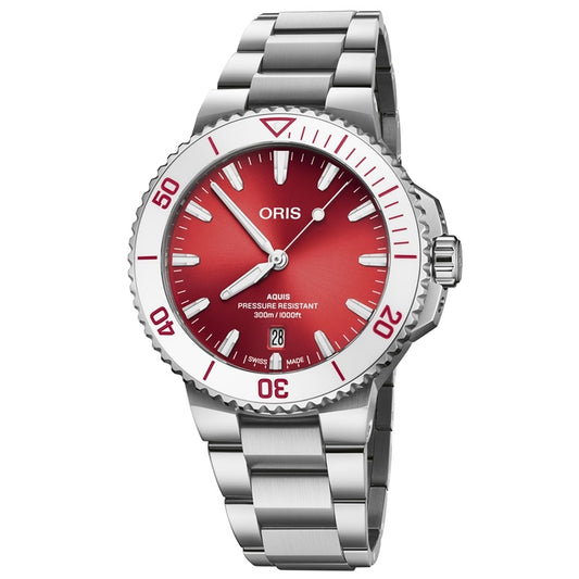 ORIS MOD. AQUIS DATE TASTE OF SUMMER wristwatch with red dial, 41.5 mm stainless steel case and bracelet, water resistant 30 ATM.