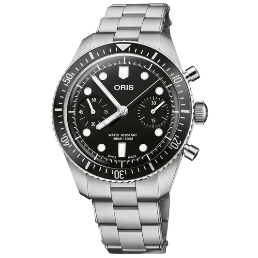 ORIS MOD. DIVERS SIXTY-FIVE CHRONOGRAPH wristwatch, stainless steel, 40mm case, water resistant 10 ATM, sapphire dial, Swiss-made.