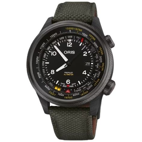 ORIS MOD. PROPILOT ALTIMETER titanium wristwatch with fabric strap and sapphire dial, featuring mechanical automatic movement, 10 ATM water resistance.