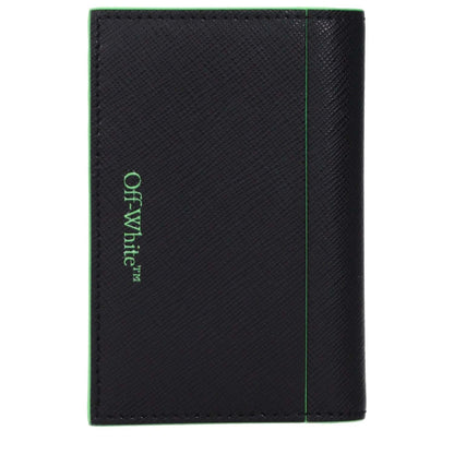 Off-White Black Leather Cardholder with green accents, front logo, and space for 9 cards, perfect for stylish document organization.