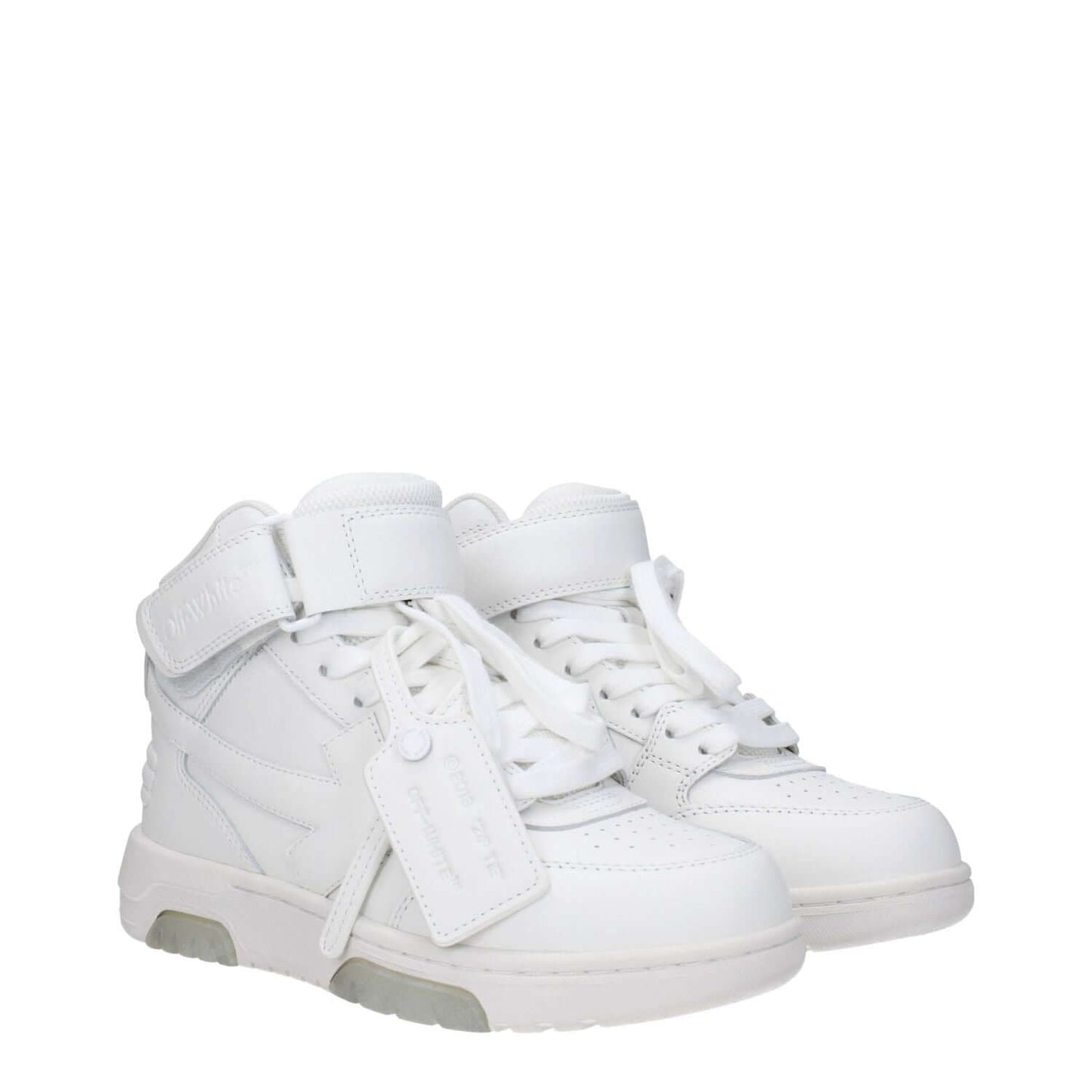 Off-White White Leather High Top Sneakers with strap closure and logo details.