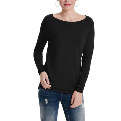 Woman wearing Only Black Viscose Sweatshirt with long sleeves and asymmetric cut, perfect for casual or formal occasions.