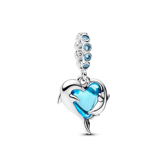PANDORA Mod. 793924C01 charm featuring a dolphin-shaped heart design with blue accents, perfect for a unique, ocean-themed accessory.
