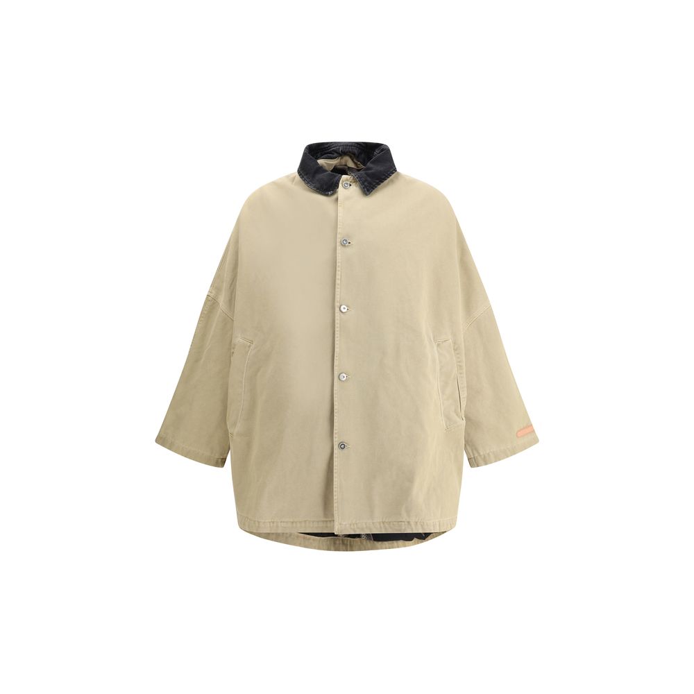 PDF Channel Beige Cotton Clothing - Oversized jacket with denim collar, front button closure, and asymmetrical hem.