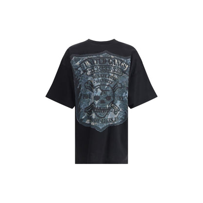 PDF Channel Black Cotton T-Shirt with graphic embossed screen print, oversized style, crew neck, and short sleeves for a casual modern look.