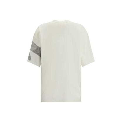 PDF Channel Cream Cotton T-Shirt with oversized fit, embossed graphic print on back, crew neck, and short sleeves for a modern look.