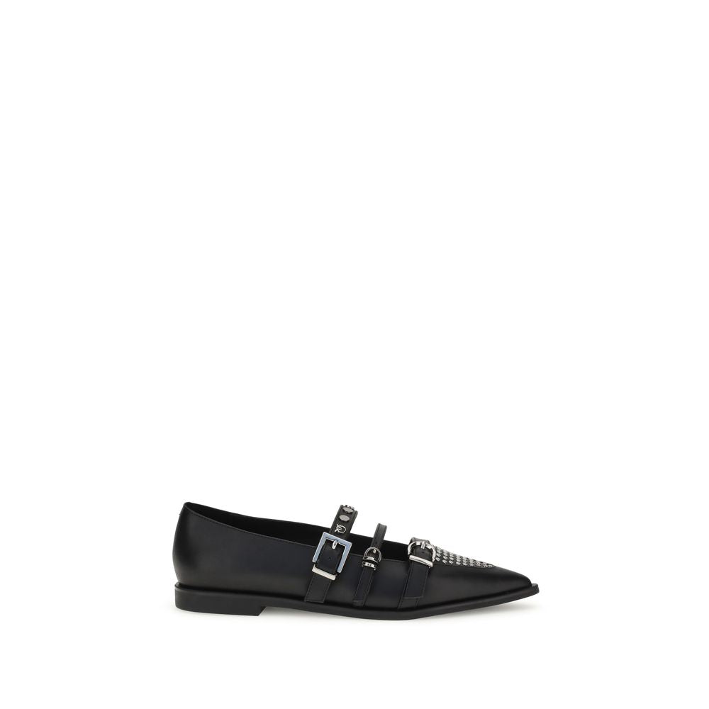 PINKO Black Calf Leather Bos Taurus Ballet Flats with studded almond toe and three-buckle closure on a white background.