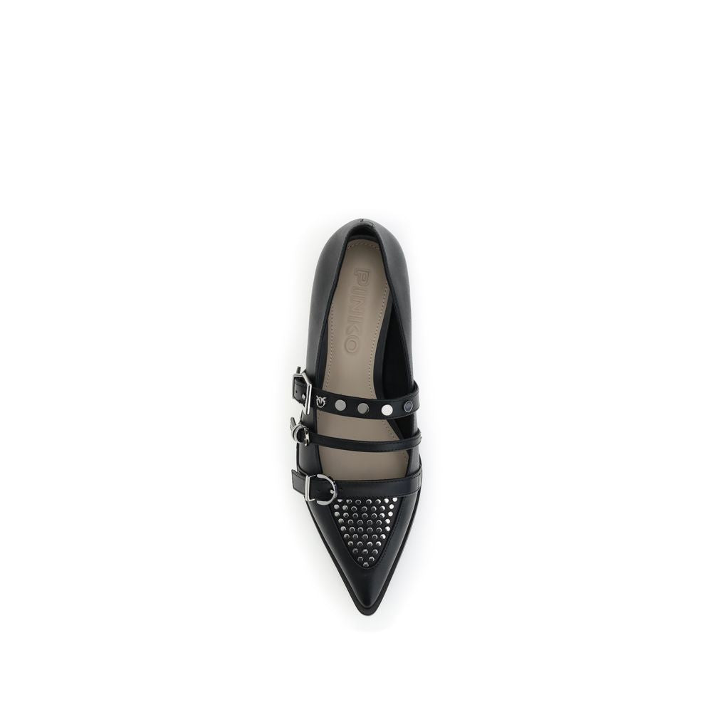 PINKO Black Calf Leather Bos Taurus Ballet Flats with studded almond toe and three-buckle closure.
