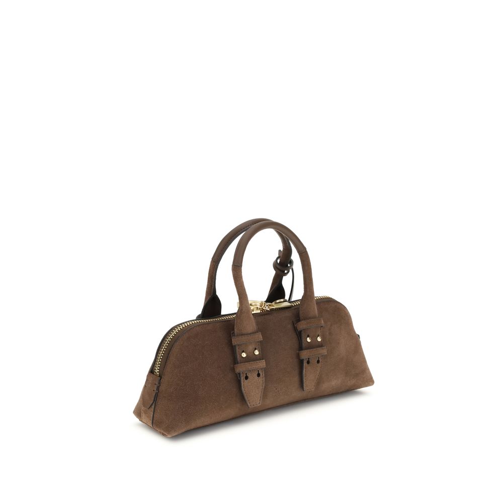 PINKO Bowling Baguette Bag in suede leather with Love Birds logo charm, flat handle, adjustable strap, AW25 season, dimensions 29.5×29.5×8.5cm