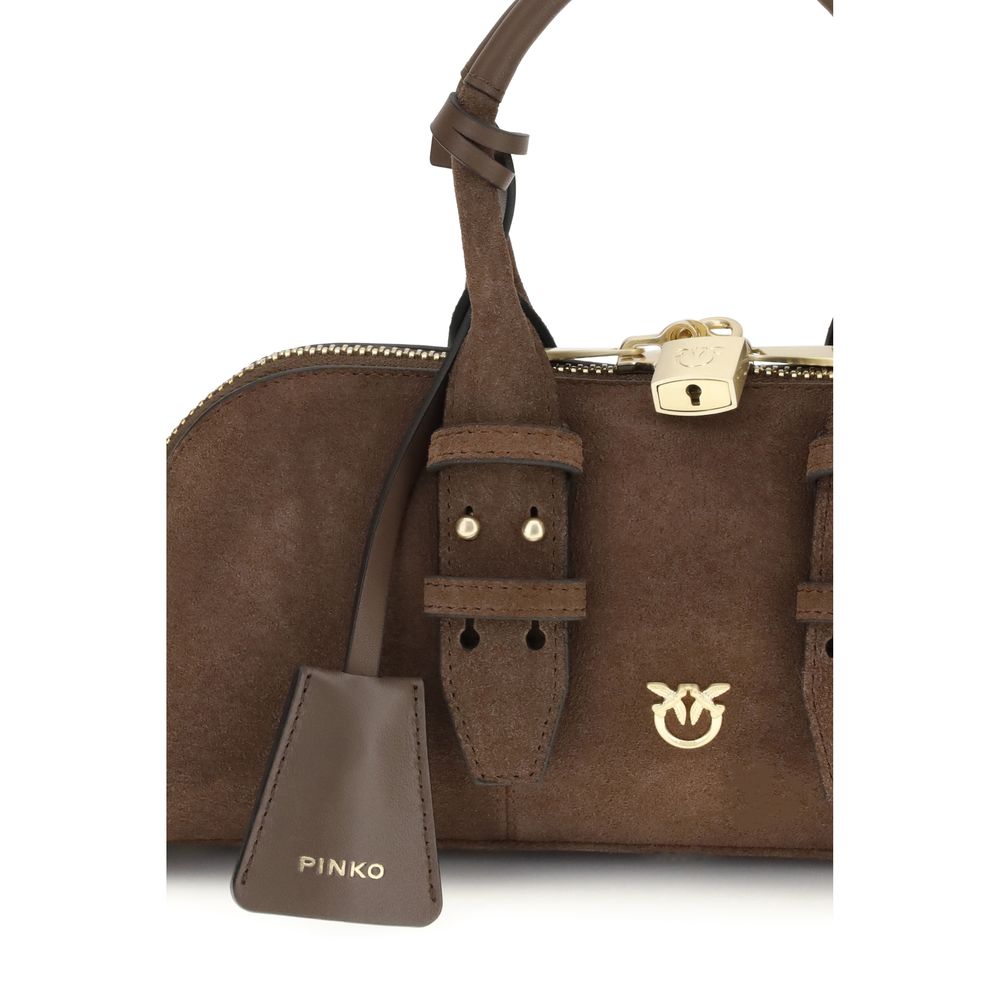 PINKO Bowling Baguette Bag in suede leather with Love Birds logo, flat handle, and charm. Perfect for elegant, practical fashion.