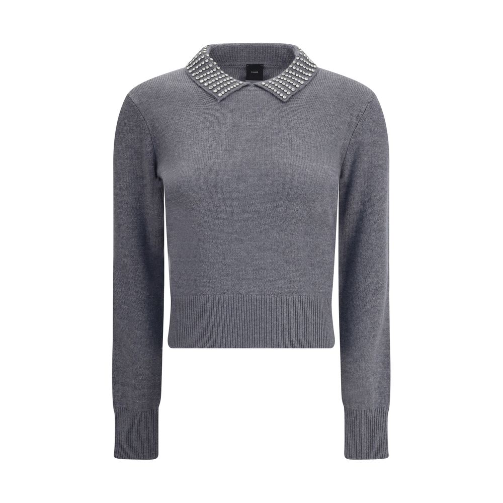PINKO Gray Nylon Sweatshirt with rhinestone collar, ribbed hem, and cuffs for a feminine touch, suitable for AW25 season, regular fit.