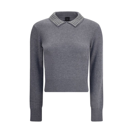 PINKO Gray Nylon Sweatshirt with rhinestone collar, ribbed hem, and cuffs for a feminine touch, suitable for AW25 season, regular fit.