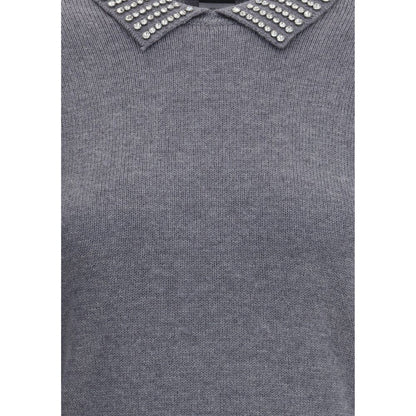 PINKO Gray Nylon Sweatshirt with rhinestone-decorated collar, ribbed hem, and cuffs, offering a blend of simplicity and style for AW25 season.
