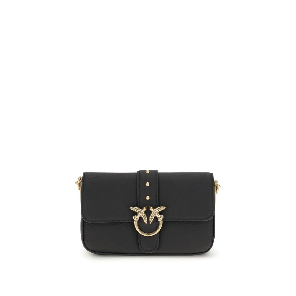 PINKO Love One Bag with Love Birds Diamond Cut buckle, black calf leather, flap closure, chain strap, gold-tone hardware, 19x19x4 cm.
