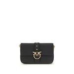 PINKO Love One Bag with Love Birds Diamond Cut buckle, black calf leather, flap closure, chain strap, gold-tone hardware, 19x19x4 cm.