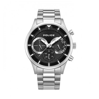 POLICE WATCHES Mod. PEWGK0040303M with silver stainless steel band and black dial featuring intricate detailing.
