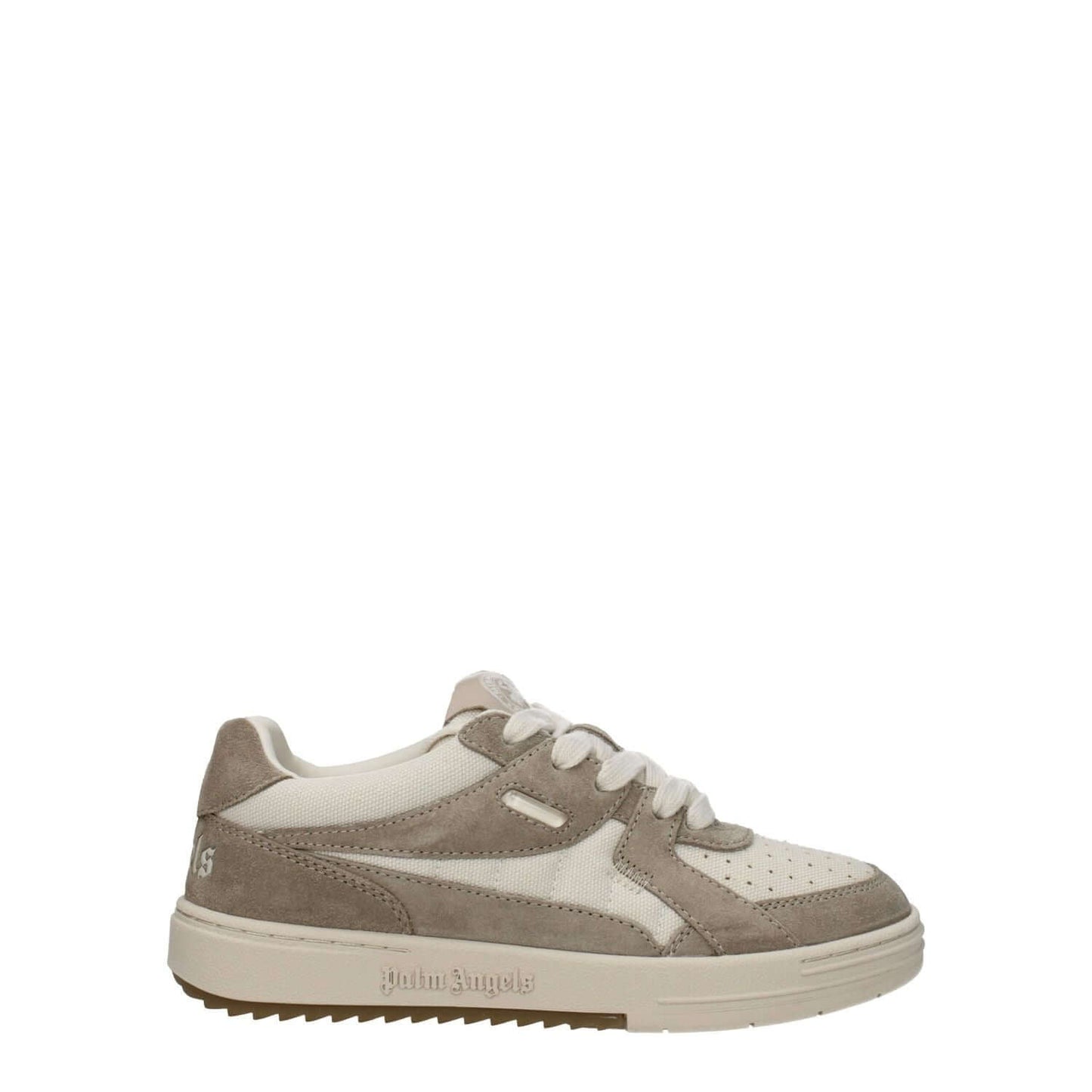 Palm Angels Beige Fabric Low Top Sneakers with suede material, lace-up closure, rubber sole, and side logos. Sporty glam style.