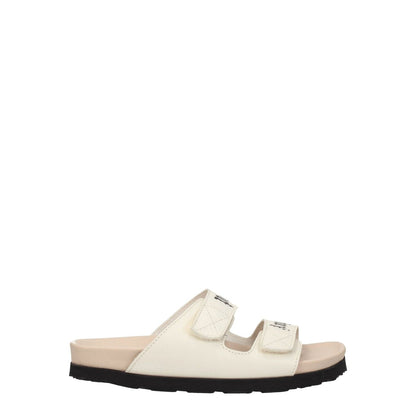 Palm Angels Beige Leather Flat Sandals with strap closure and front logo, featuring rubber sole and open toe design for casual style.