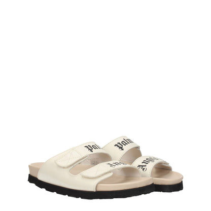 Palm Angels Beige Leather Flat Sandals with logo, open toe, strap closure, and rubber sole.