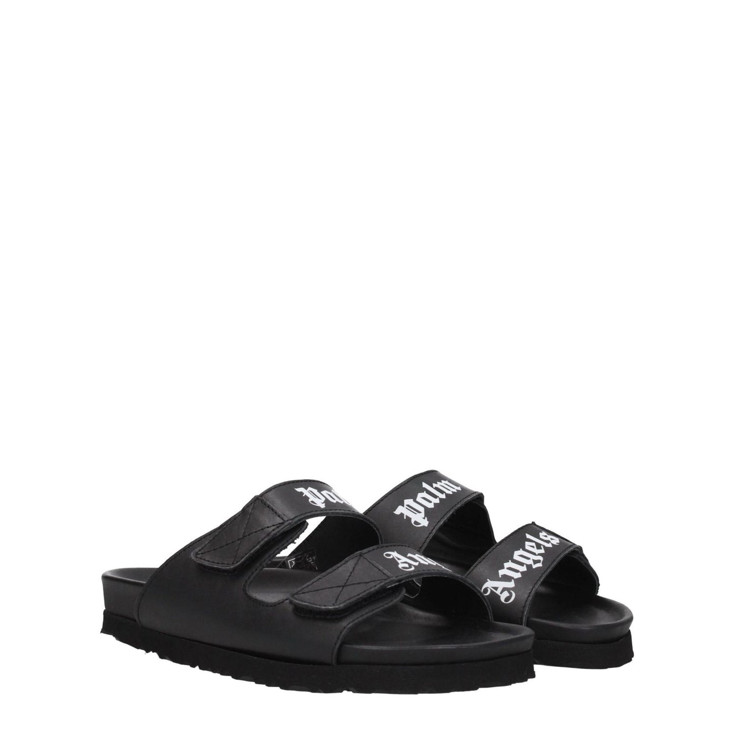 Palm Angels Black Leather Flat Sandals with front logo, casual style, strap closure, rubber sole, and low heel.