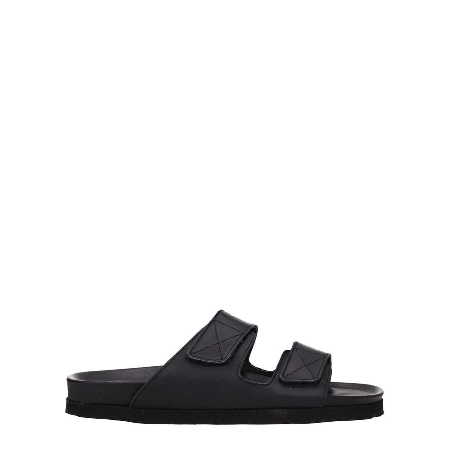 Palm Angels Black Leather Slippers with strap closure and logo on front, rubber sole, and open toe design. Ideal for casual style.