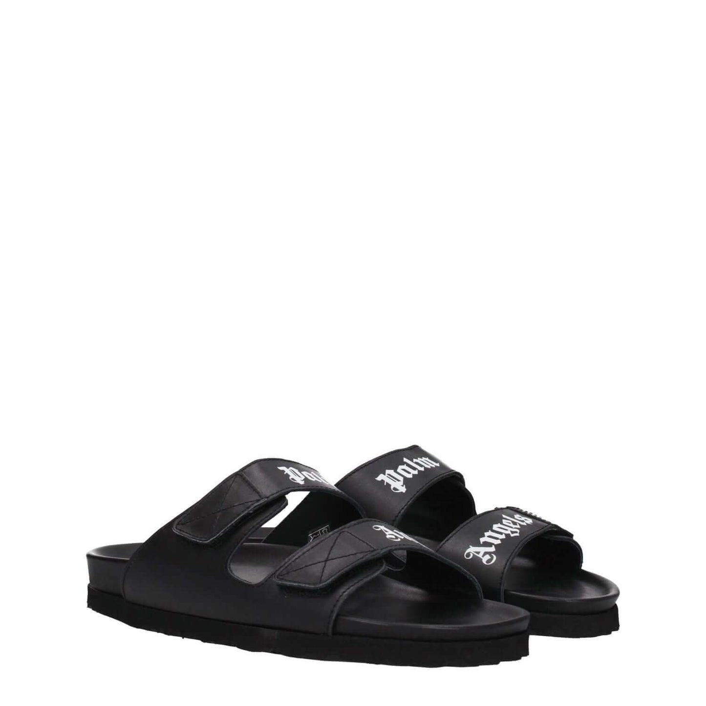 Palm Angels Black Leather Slippers with logo, open toe, low flat heel, strap closure.