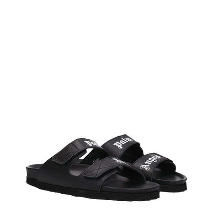 Palm Angels Black Leather Slippers with logo, open toe, low flat heel, strap closure.