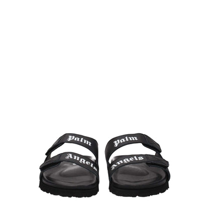 Palm Angels Black Leather Slippers with front logo, casual style featuring strap closure, rubber sole, and open toe design, low flat heel.