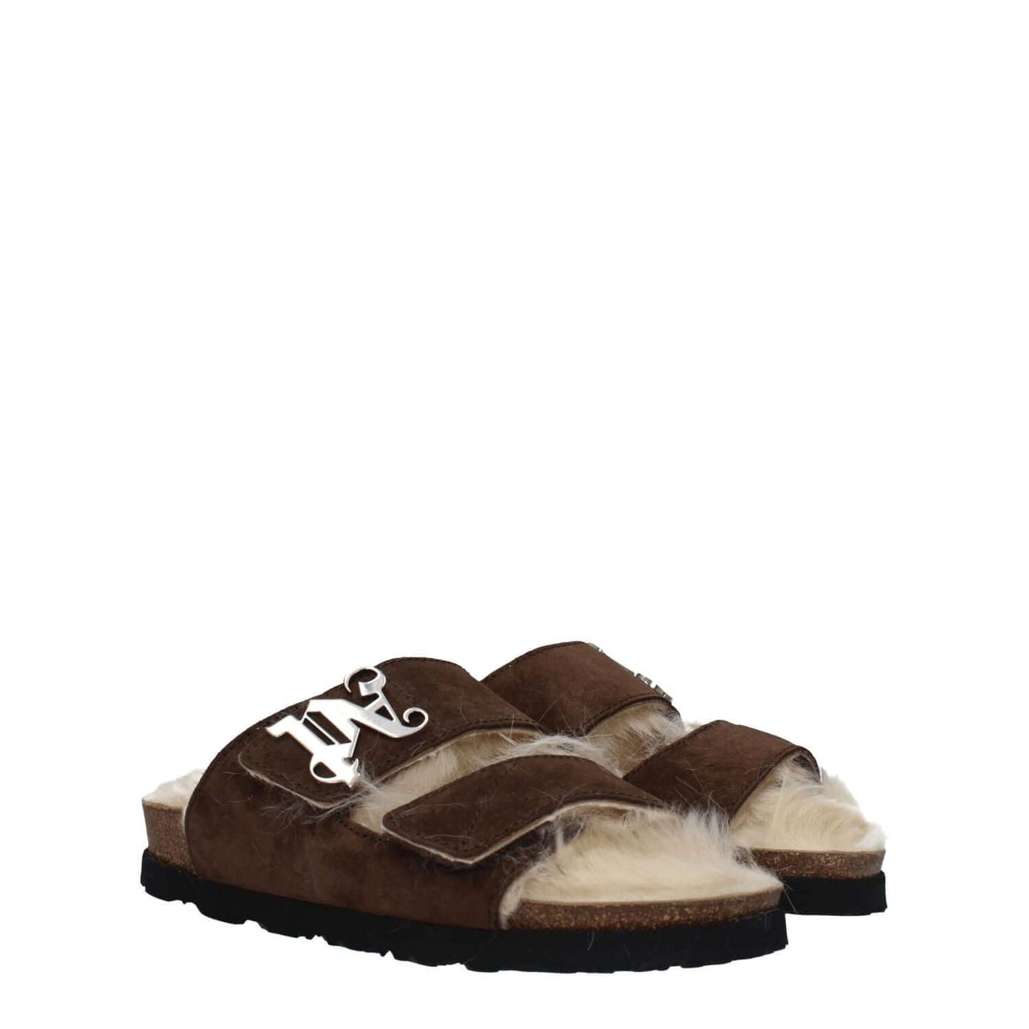 Palm Angels Brown Leather Slippers with strap closure and front logo in suede and rubber sole.