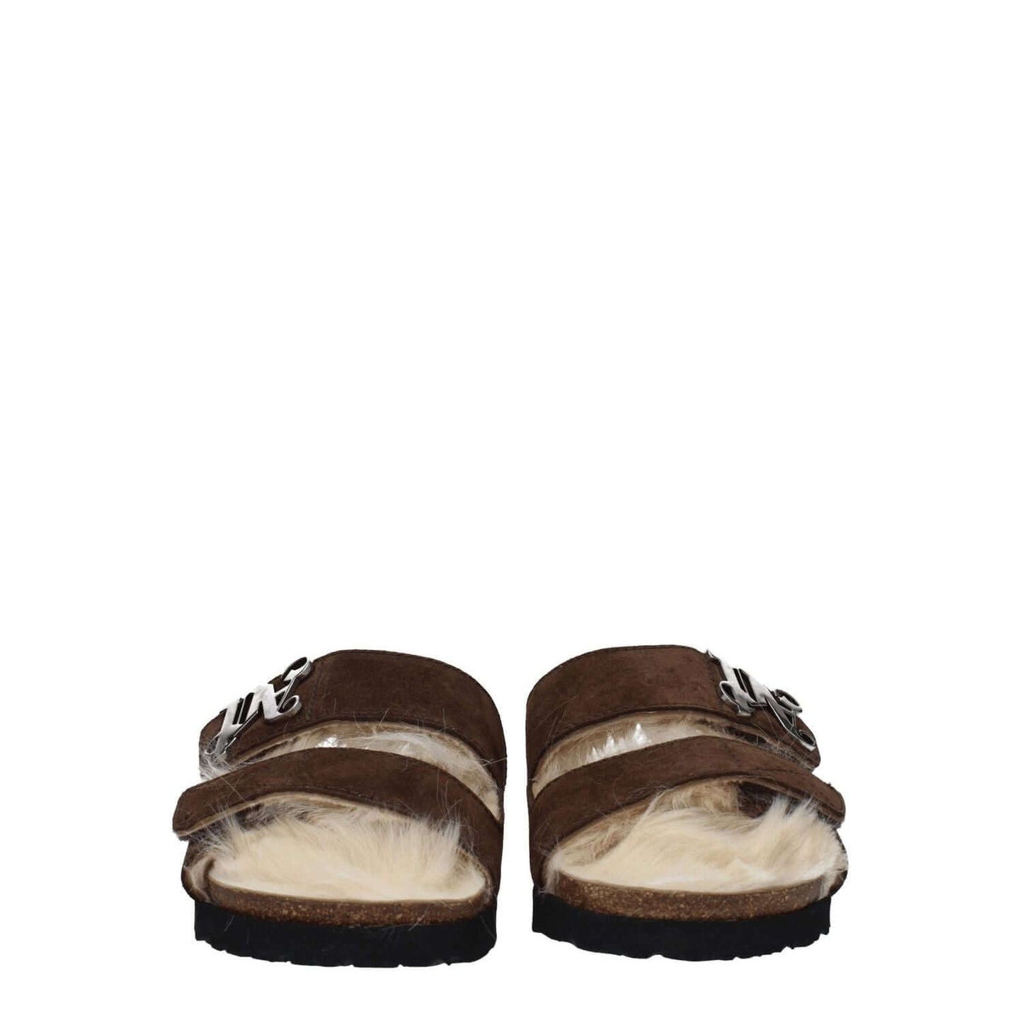 Palm Angels Brown Leather Slippers with front logo and open toe design, featuring suede material and rubber sole, style: casual with strap closure.