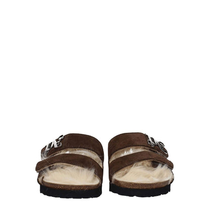 Palm Angels Brown Leather Slippers with front logo and open toe design, featuring suede material and rubber sole, style: casual with strap closure.