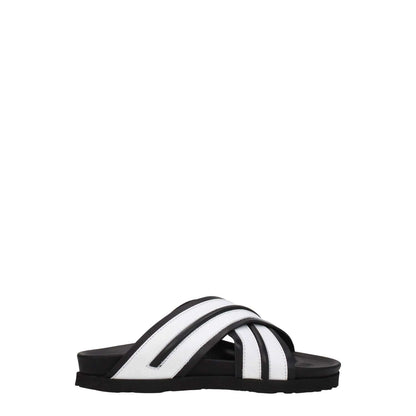 Palm Angels White Leather Slippers with black accents, open toe, low flat heel, and rubber sole for casual wear.