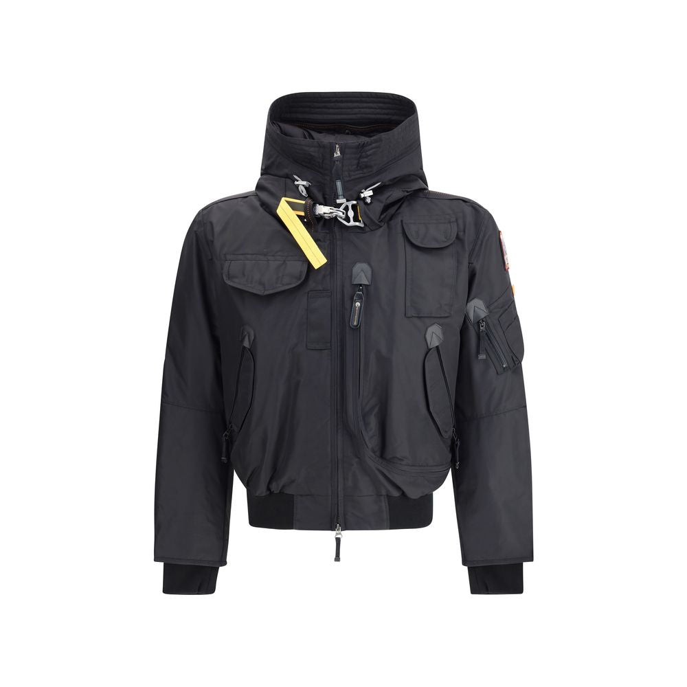 Parajumpers Black Nylon Bomber jacket with hood, featuring multiple pockets and ribbed cuffs.