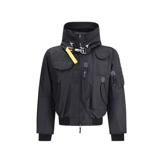 Parajumpers Black Nylon Bomber jacket with hood, featuring multiple pockets and ribbed cuffs.