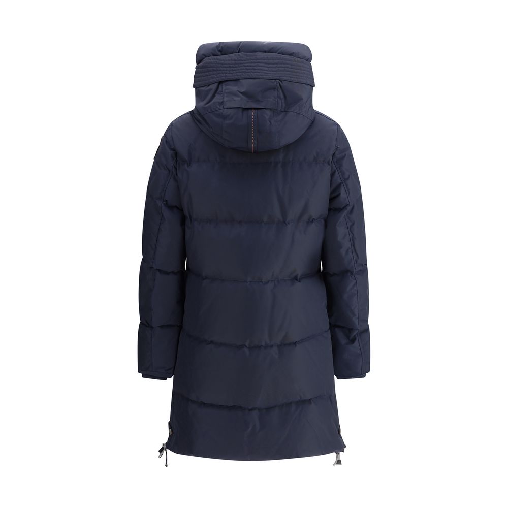 Back view of Parajumpers Blue Nylon Full-Length Jacket with hood and durable design.
