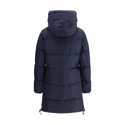 Back view of Parajumpers Blue Nylon Full-Length Jacket with hood and durable design.