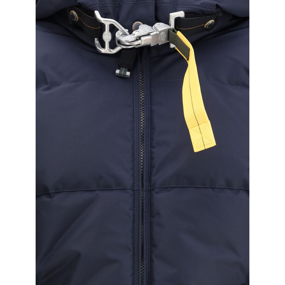 Close-up of Parajumpers Blue Nylon Full-Length Jacket with yellow strap detail and double-slider zipper.
